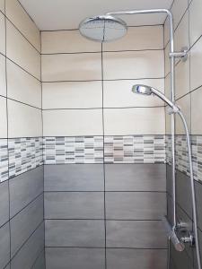 a shower with a glass door in a bathroom at Compostela in Le Puy en Velay