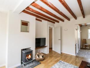 a living room with a fireplace and a tv at Rosemary Cottage in Craven Arms