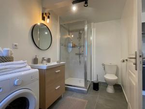 een badkamer met een douche, een toilet en een wasmachine bij Grand studio tout équipé proche Paris & Disneyland in Ozoir-la-Ferrière