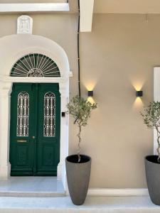 a green door with two potted trees in front of it at Platanos house in Plomarion