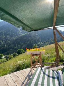 a table with flowers on top of a hill at Mitarbi Silence - cozy holiday cottages in mountains in Borjomi