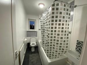a bathroom with a toilet and a sink and a shower at Home away from home with fantastic spacious rooms in Abbey Wood