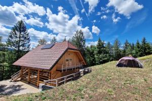 a log cabin and a tent on a hill at Dormitory and wooden house Beli gaber in Stari Trg pri Ložu
