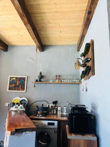 a kitchen with a sink and a washing machine at Mitarbi Silence - cozy holiday cottages in mountains in Borjomi