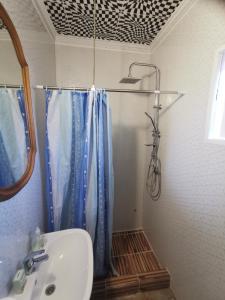 a bathroom with a shower curtain and a sink at Edit Vendégház in Tiszaújváros