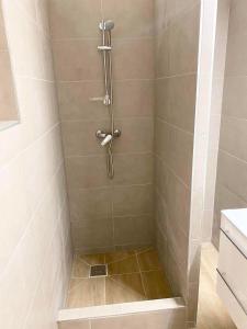 a shower with a glass door in a bathroom at Platános Apartman Tata in Tata +6 photos
