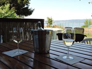 due bicchieri di vino appoggiati su un tavolo con una bottiglia di vino di Dedin Konak a Golubac