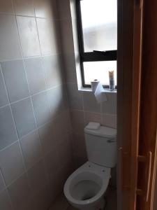 a small bathroom with a toilet with a window at Central Cottages in Soweto