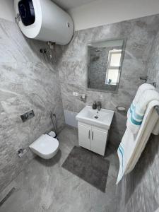 La salle de bains est pourvue d'un lavabo, de toilettes et d'un miroir. dans l'établissement Florent's Superb Studio, free parking & garden!!, à Tirana