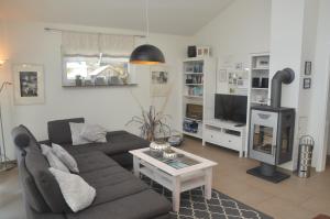 ein Wohnzimmer mit einem Sofa und einem TV in der Unterkunft Hoeri Ferienhaus -Lake Constance in Öhningen