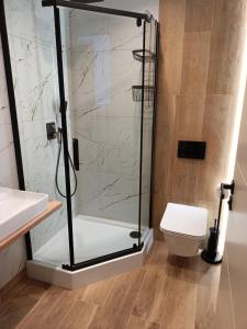 a bathroom with a shower and a toilet at Pokoje Gościnne u MARCINA- sala zabaw, basen, melex, rowery, grill in Ostrowo +90 photos