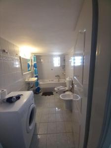 a bathroom with a toilet a sink and a shower at Flisvos House in Megalochori +28 photos