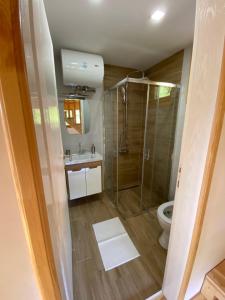 bagno con doccia, lavandino e servizi igienici di Apartman Lenka a Mokra Gora