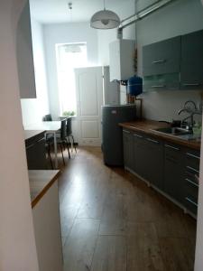 kuchnia ze zlewem i stołem z krzesłami w obiekcie Hostel Tulip - pokój nr 8 ze wspólną łazienką i kuchnią w Szczecinie