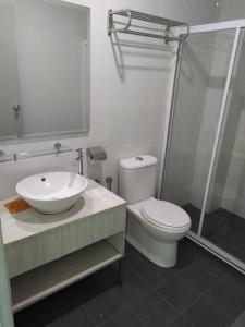a bathroom with a toilet and a sink and a shower at Marina Island Couple Home Stay in Lumut
