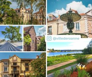 een collage van foto’s van huizen en tuinen bij Studio sympa avec petit déjeuner entre canal et Loire in Roanne