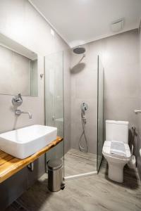 La salle de bains est pourvue d'un lavabo, d'une douche et de toilettes. dans l'établissement Hotel Philippos, à Vólos