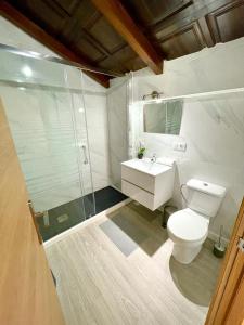 a bathroom with a toilet and a sink and a shower at VILLA PIMIENTA, Chalet de lujo a 100 metros del mar in Chiclana de la Frontera