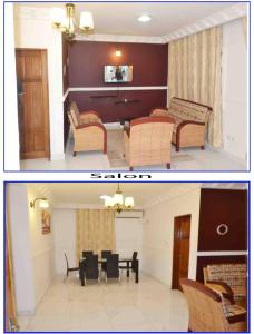 two pictures of a living room and a dining room at Appartement New Stading YAOUNDE - MIMBOMAN MAETURE in Yaoundé