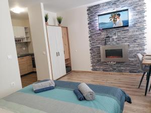 a living room with a tv on a brick wall at KLEPALSKI - Mountain Studio in Borovets