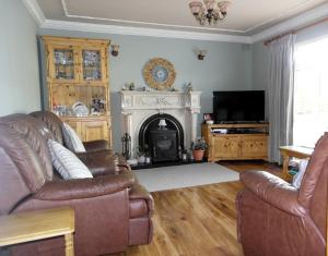 a living room with leather furniture and a fireplace at Seacourt Accommodation Tramore - Adult Only in Tramore