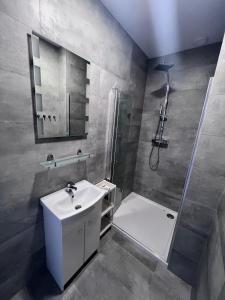 a bathroom with a sink and a shower at Apartamenty Pod Jaworami in Jelenia Góra