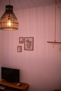 Pokój z różową ścianą z telewizorem i lampą w obiekcie Wilson & Andrew House - Boho Bliss w mieście (( Sgoúrna ))