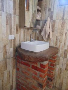 a bathroom with a sink on a brick wall at Casa de Campo Província Minosso in Farroupilha