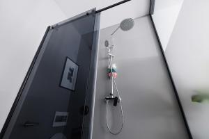 a shower in a bathroom with a glass wall at New Central Studio with Parking in Ljubljana