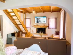 a living room with a couch and a fireplace at Oliviera - House in Nature in Tympáki