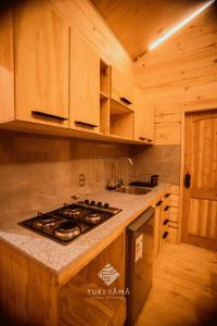 a kitchen with a stove top in a cabin at Yuki Yama in Malalcahuello