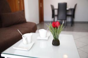 une fleur rouge dans un vase sur une table basse blanche dans l'établissement Apartments Lepur, à Vodice