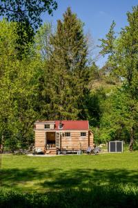 drewniany domek na środku pola w obiekcie Grimmwald Tiny House w mieście Calden