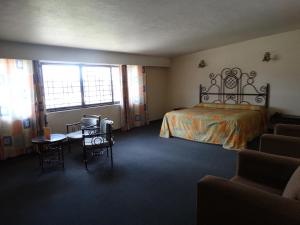 1 dormitorio con 1 cama, mesa y sillas en Hotel Lerma en Lerma de Villada