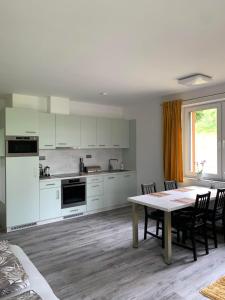 a kitchen with white cabinets and a table with chairs at Apartmán U lomu Dolní Morava in Dolní Morava