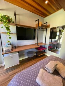 Schlafzimmer mit einem Schreibtisch, einem TV und einem Bett in der Unterkunft Suítes Paz na Montanha - Tesouro Escondido in Campos do Jordão