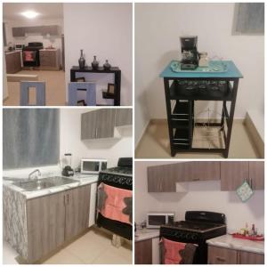 four pictures of a kitchen with a counter top and a sink at hermosa casa en coto privado especialmente para ti 
