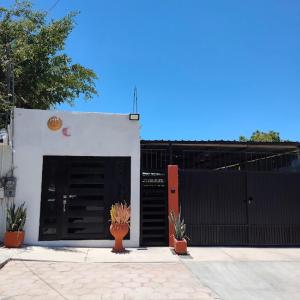 een garage met zwarte deuren en potplanten ervoor bij Casa LUNA in Misiones de La Paz