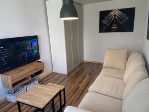 a living room with a white couch and a tv at Apartament Jana in Tarnowskie Góry
