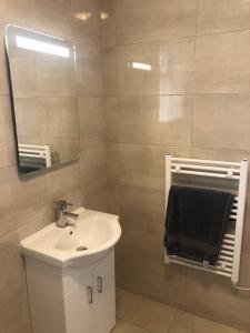 a bathroom with a white sink and a mirror at Cheerful 4 bedroom town house with bbq, in Galway