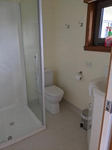 a bathroom with a toilet and a glass shower at Smugglers Rest Apartments Dover in Dover