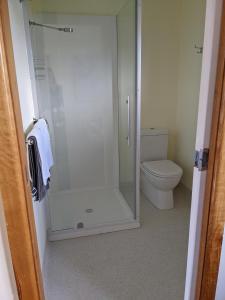 a bathroom with a toilet and a shower stall at Smugglers Rest Apartments Dover in Dover