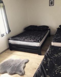 ein Schlafzimmer mit einem Bett und einem Teppich auf dem Boden in der Unterkunft Domek Zuza Nielisz in Nielisz