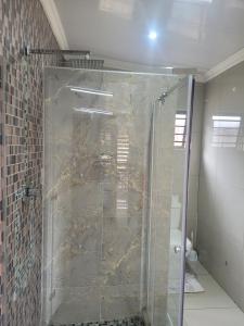 a shower with a glass door in a bathroom at Palm Guesthouse in Zeerust