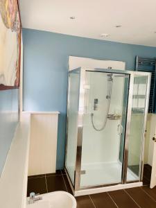 a bathroom with a shower and a white toilet at Beautiful Private 2 Bedroom Suite in Mansion Home with Free Parking in Brighton & Hove