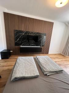 a living room with two mats in front of a fireplace at City Appartment 1 in Vienna