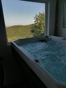 a bath tub with a view of a window at Sweet Sky 