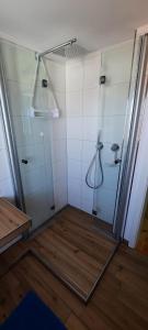 baño con ducha y puerta de cristal en Ferienwohnung Festung zu Ketghe - Nähe Koblenz am Mittelrhein, en Kettig