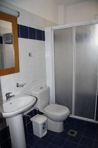 a bathroom with a toilet and a sink and a shower at Alexander Apartments in Skala +21 photos