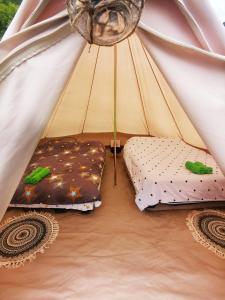 a tent with two beds in a room at Luna Rock Glamping Brezoi - Blue Scai in Brezoi